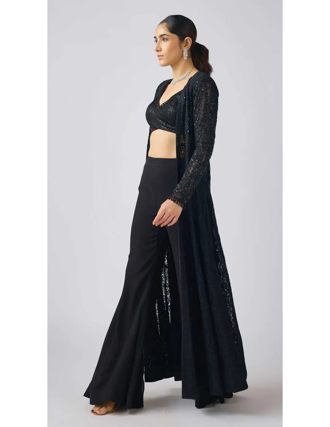 Black Georgette Embroidered Cape Set