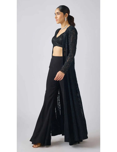 Black Georgette Embroidered Cape Set