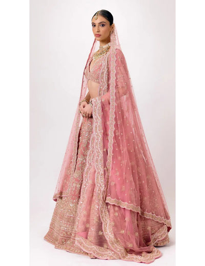 Onion - Pink Velvet Embroidered Lehenga Set with Veil