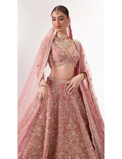 Onion - Pink Velvet Embroidered Lehenga Set with Veil