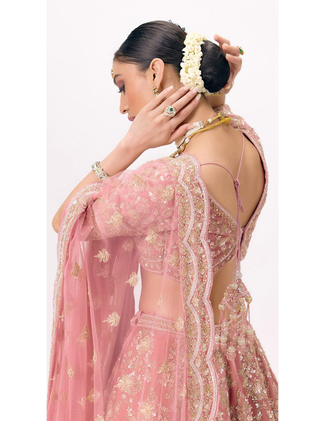 Onion - Pink Velvet Embroidered Lehenga Set with Veil