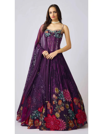Purple Georgette Embroidered Lehenga Set