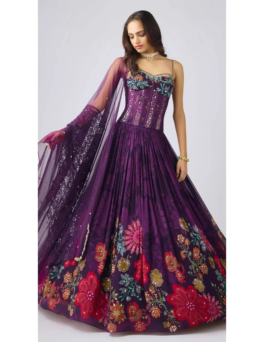 Purple Georgette Embroidered Lehenga Set