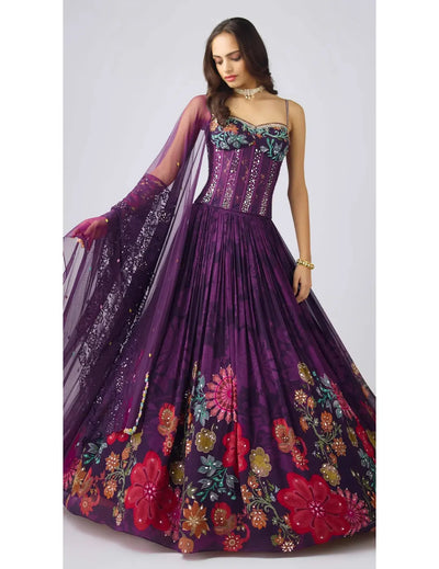 Purple Georgette Embroidered Lehenga Set