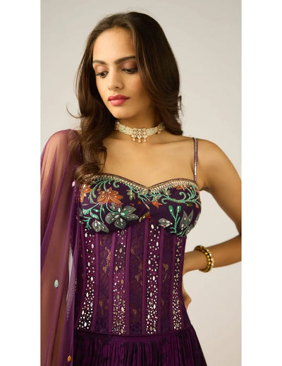 Purple Georgette Embroidered Lehenga Set