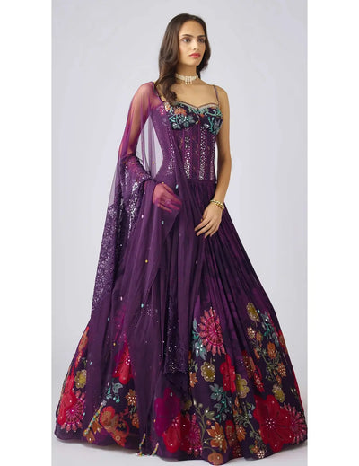 Purple Georgette Embroidered Lehenga Set