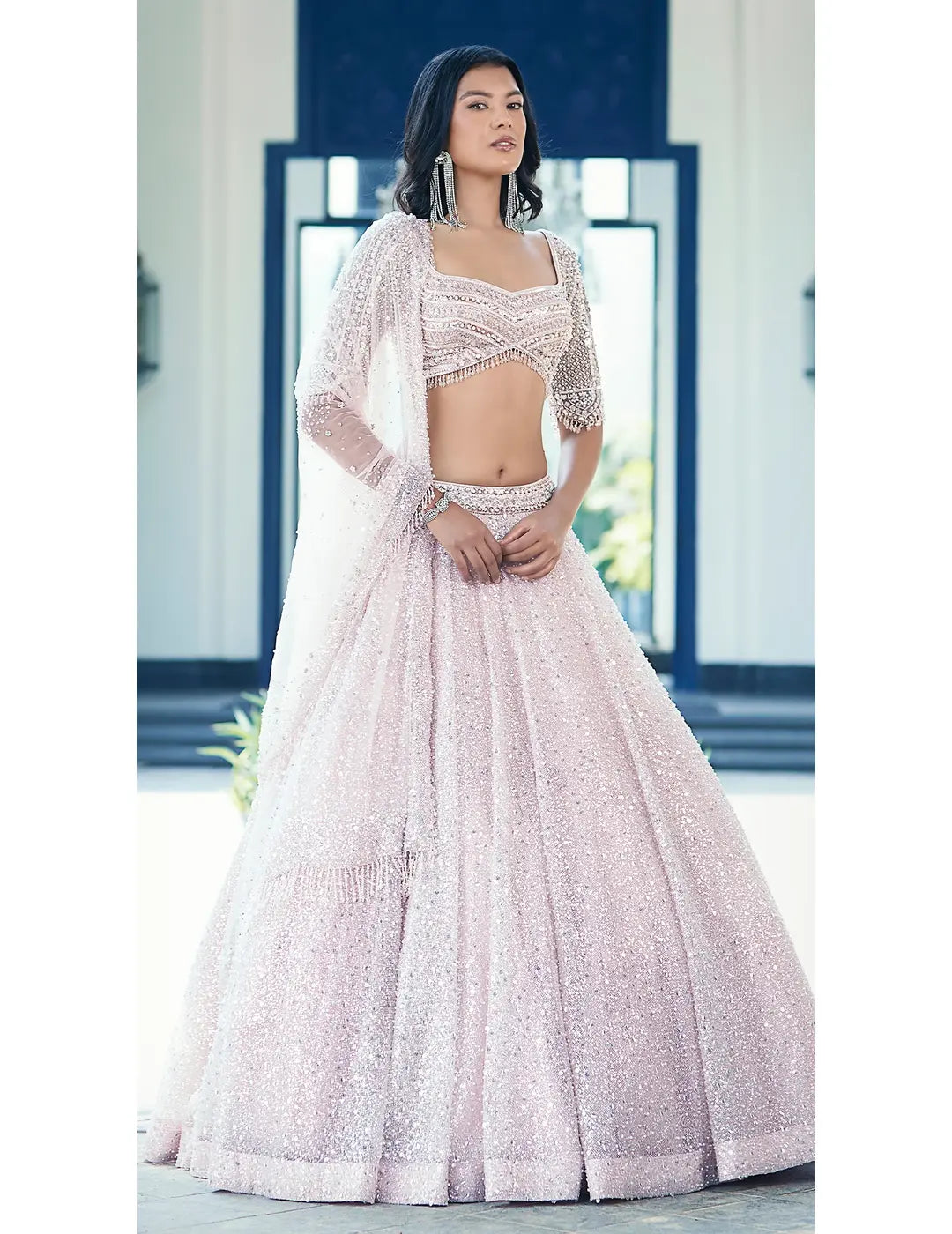 Pink Sequins Net Embroidered Lehenga Set