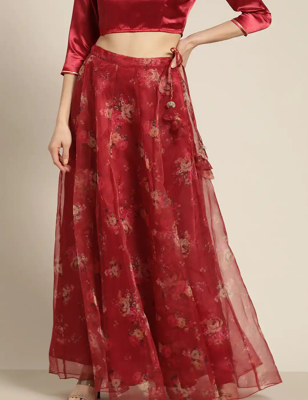 Maroon Organza Floral Anarkali Skirt