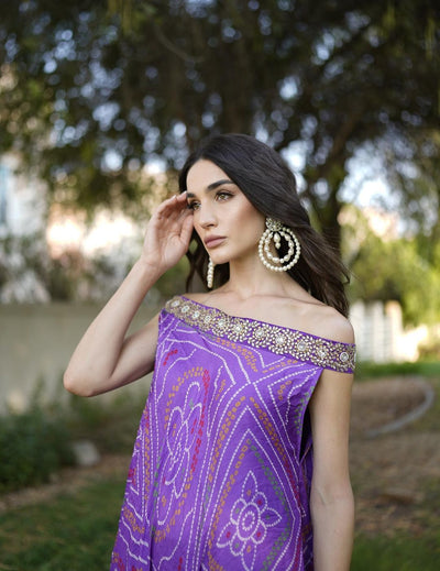 Off-Shoulder Purple Bandhani Set