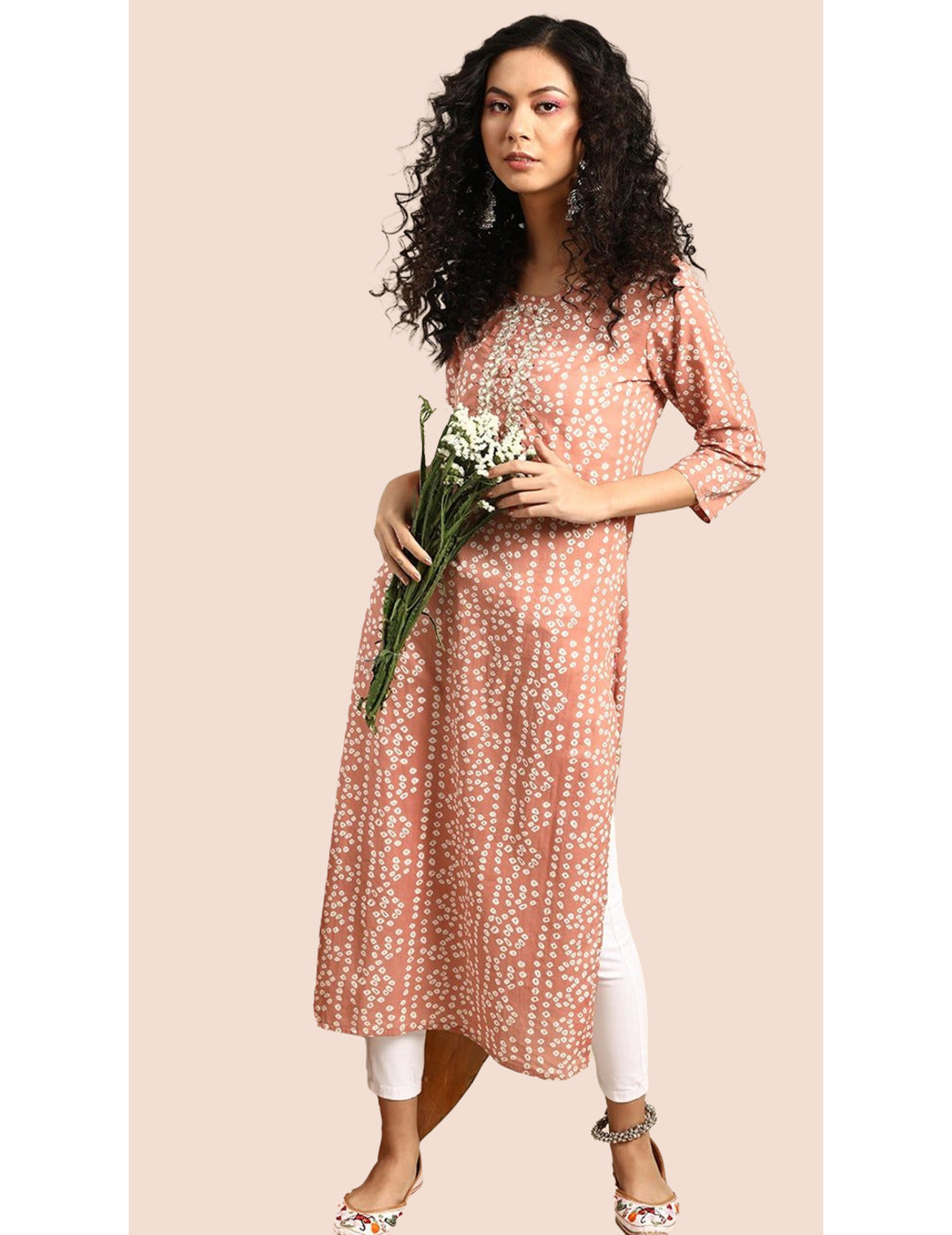 Peach & White Bandhani Printed Pure Cotton Kurta