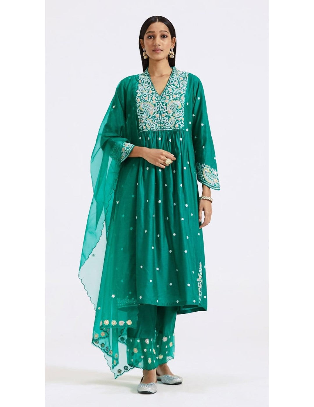 Green Chanderi Kurta Pant Set