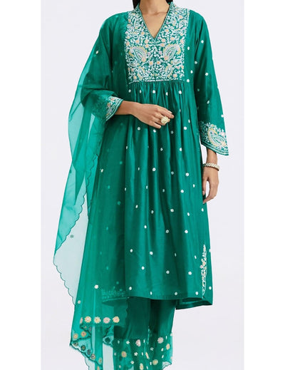 Green Chanderi Kurta Pant Set