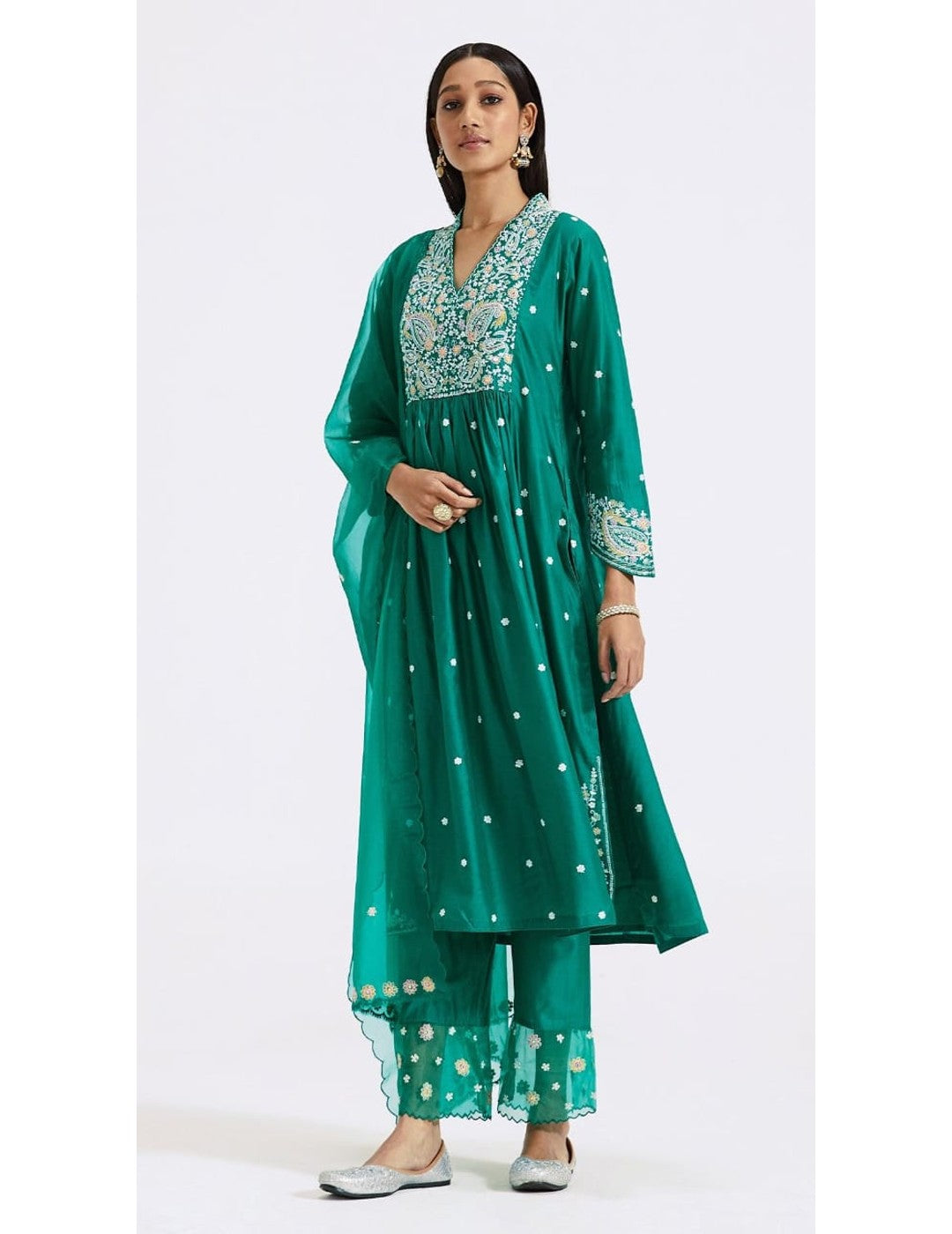 Green Chanderi Kurta Pant Set