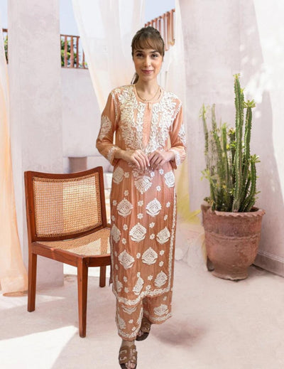 Peach Chikankari Kurti Set