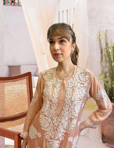 Peach Chikankari Kurti Set