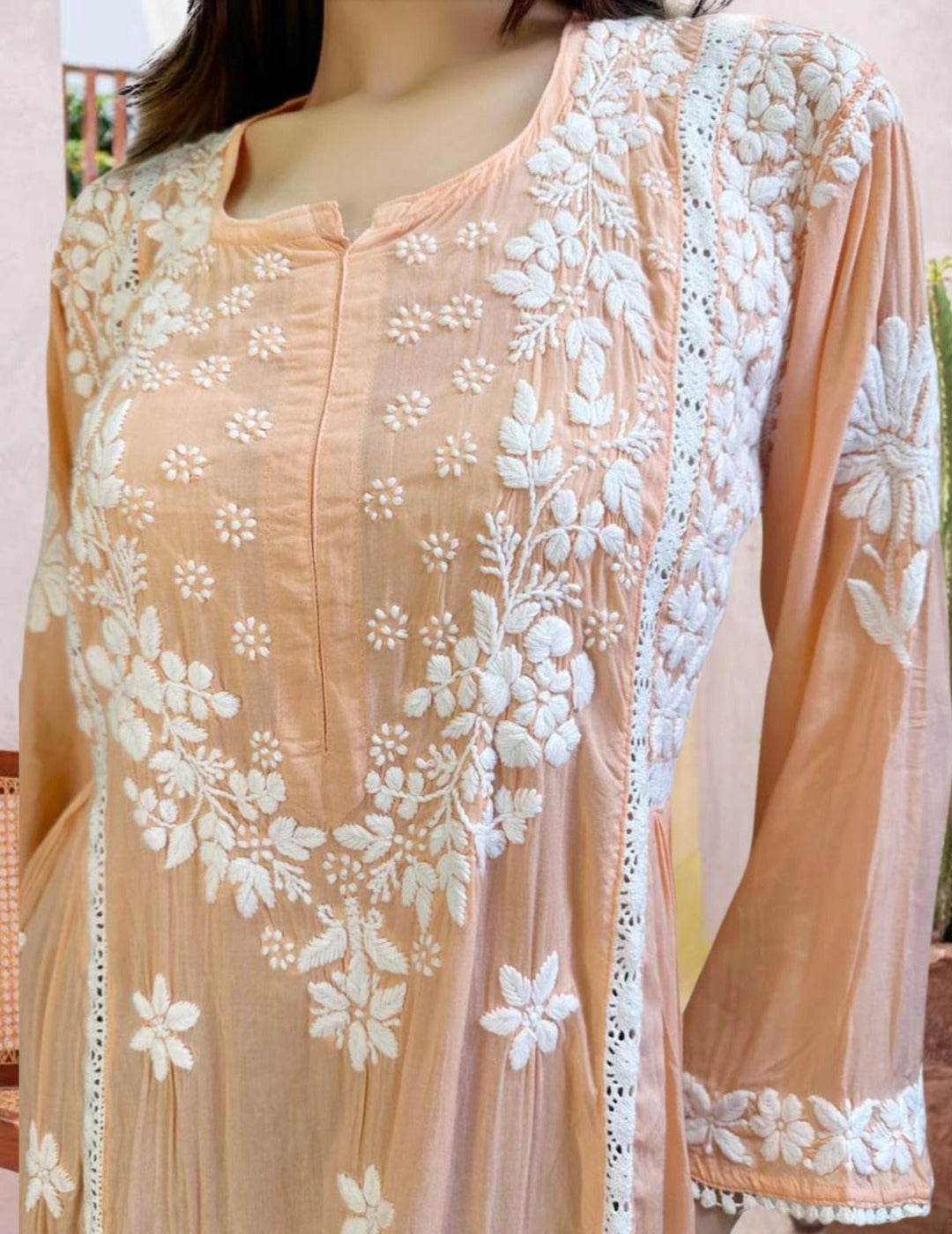 Peach Chikankari Short Kurti