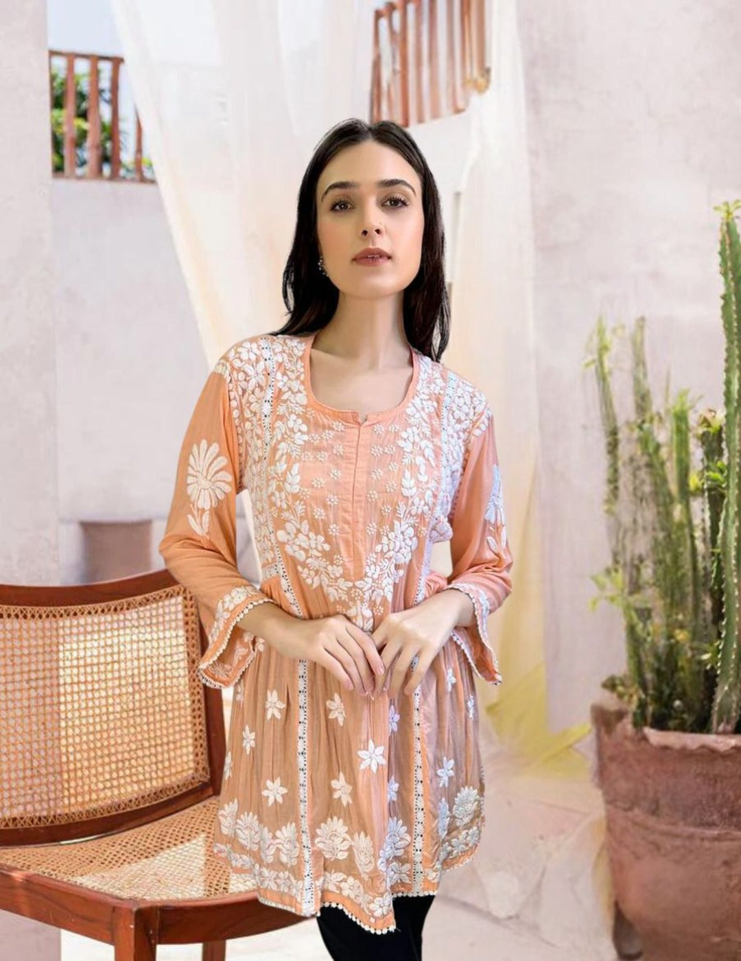 Peach Chikankari Short Kurti