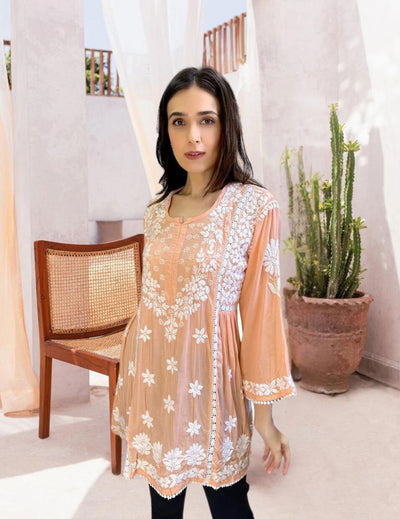 Peach Chikankari Short Kurti