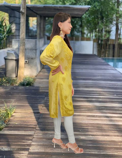 Yellow Silk Chikankari Kurti