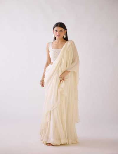 Off-White Pre-Draped Saree