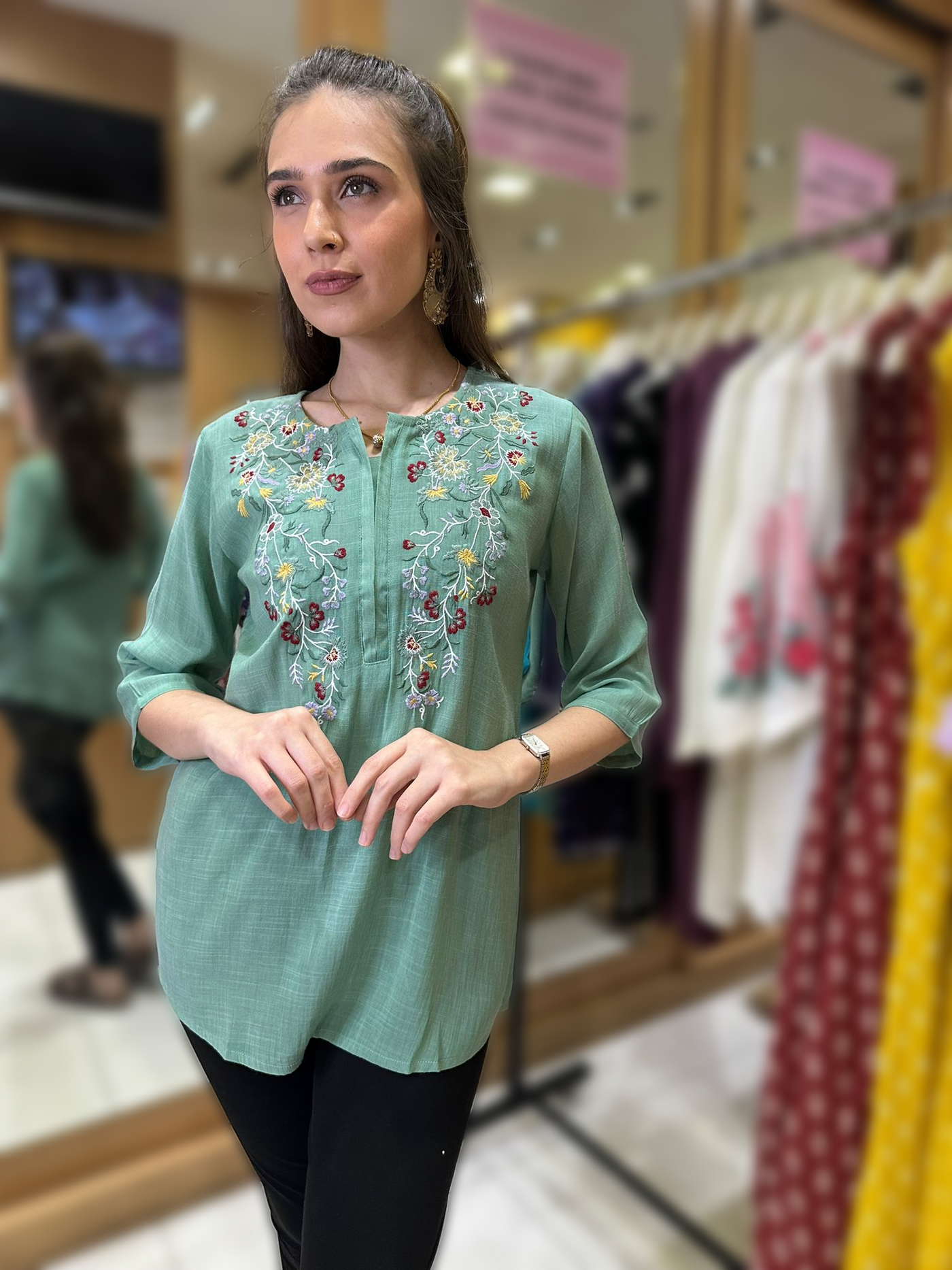 Green Floral Embroidered Tunic