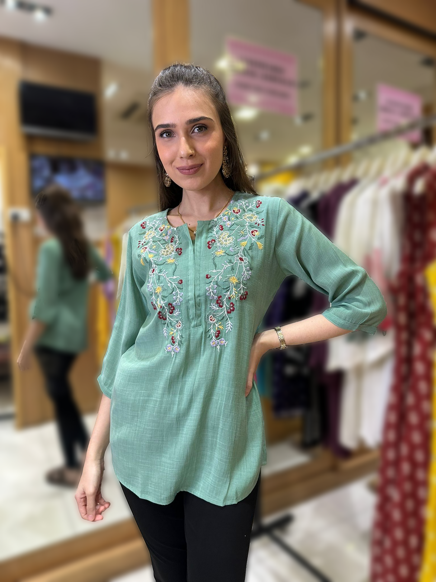 Green Floral Embroidered Tunic