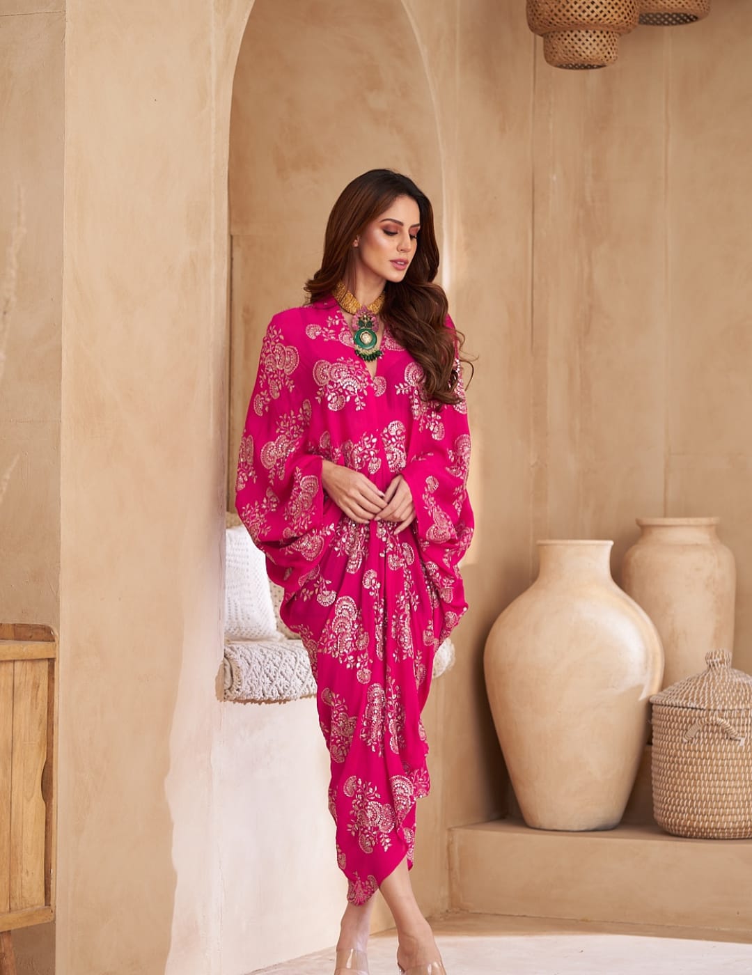 Pink Chinon Embroidered Midi Dress