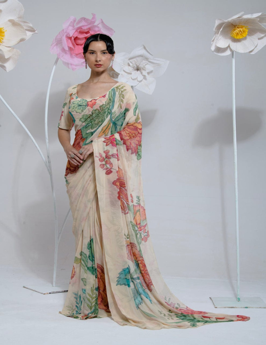 Pre Draped Cream Saree