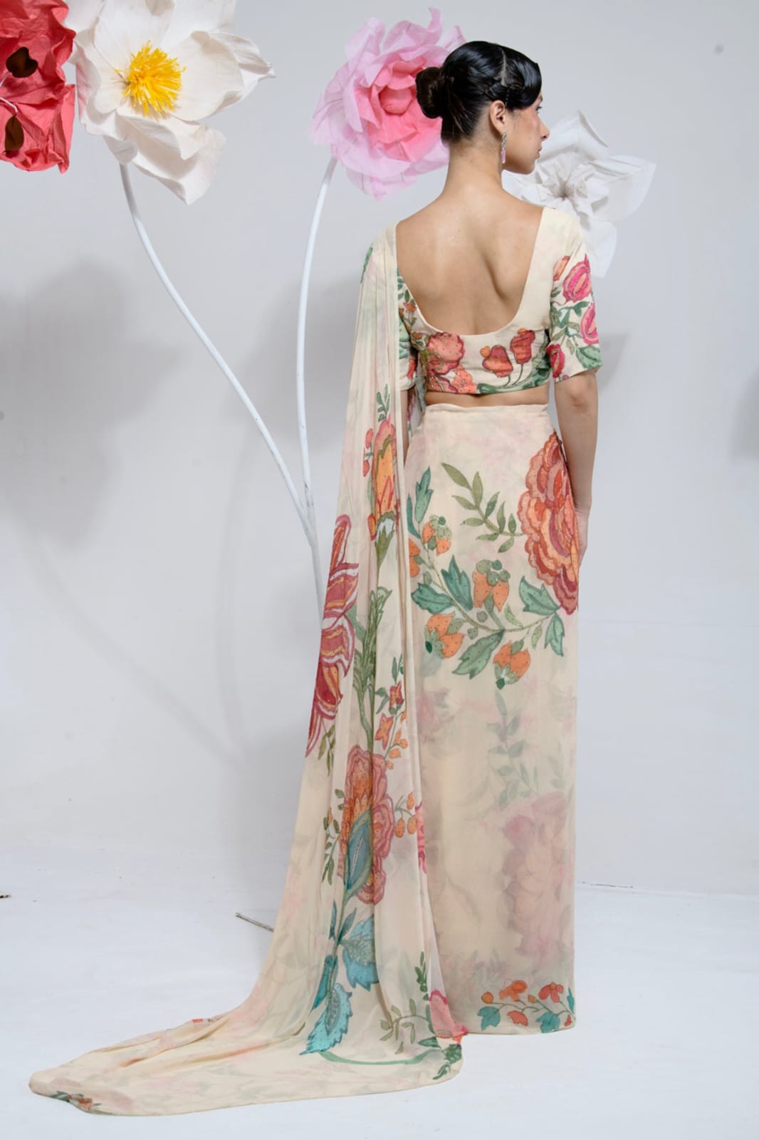 Pre Draped Cream Saree