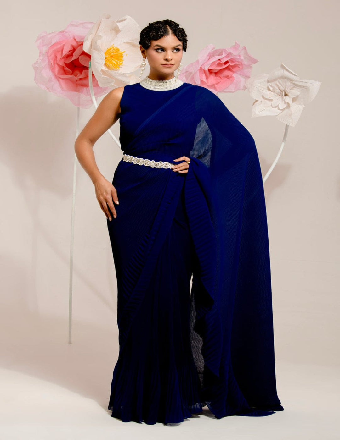 Pre-Draped Navy Blue Saree