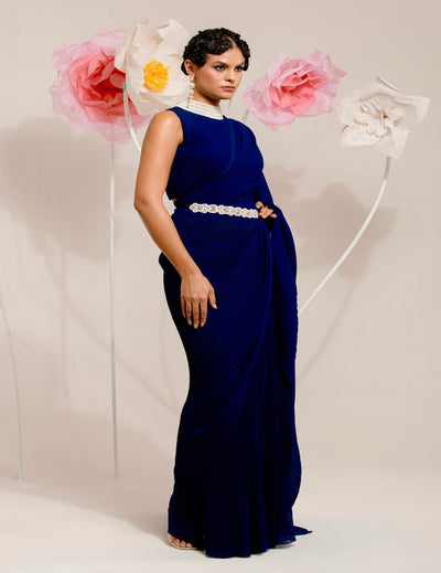 Pre-Draped Navy Blue Saree