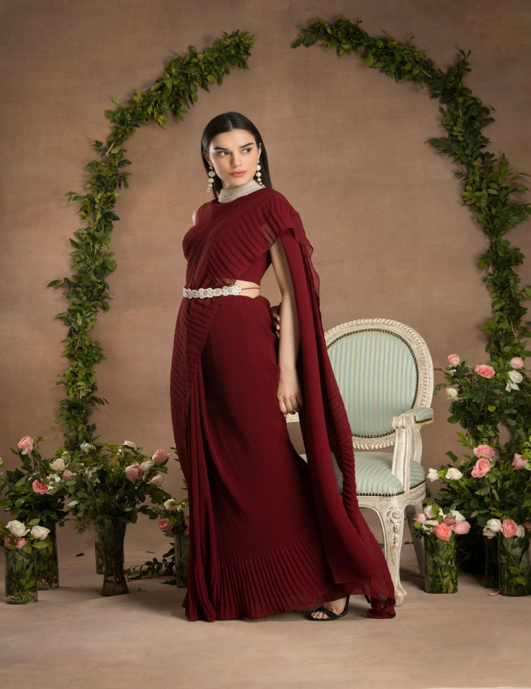 Pre-Draped Rose Red Saree