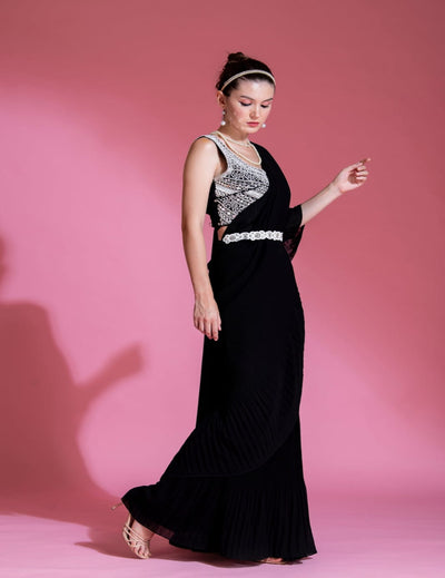 Pre-Draped Midnight Black Saree