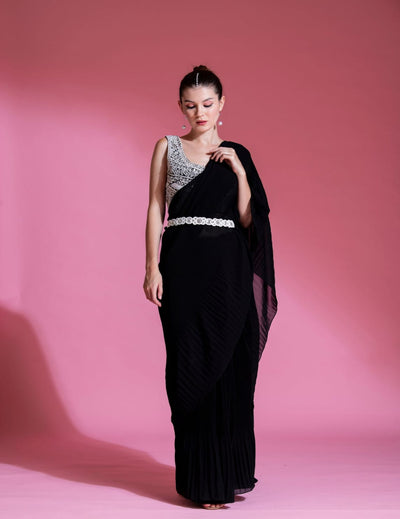 Pre-Draped Midnight Black Saree