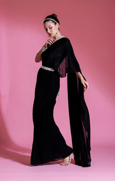 Pre-Draped Midnight Black Saree