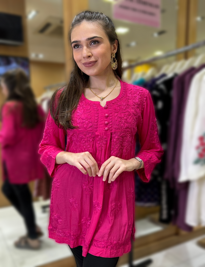 Available Till Size 44 Pink Chikankari Short Kurti