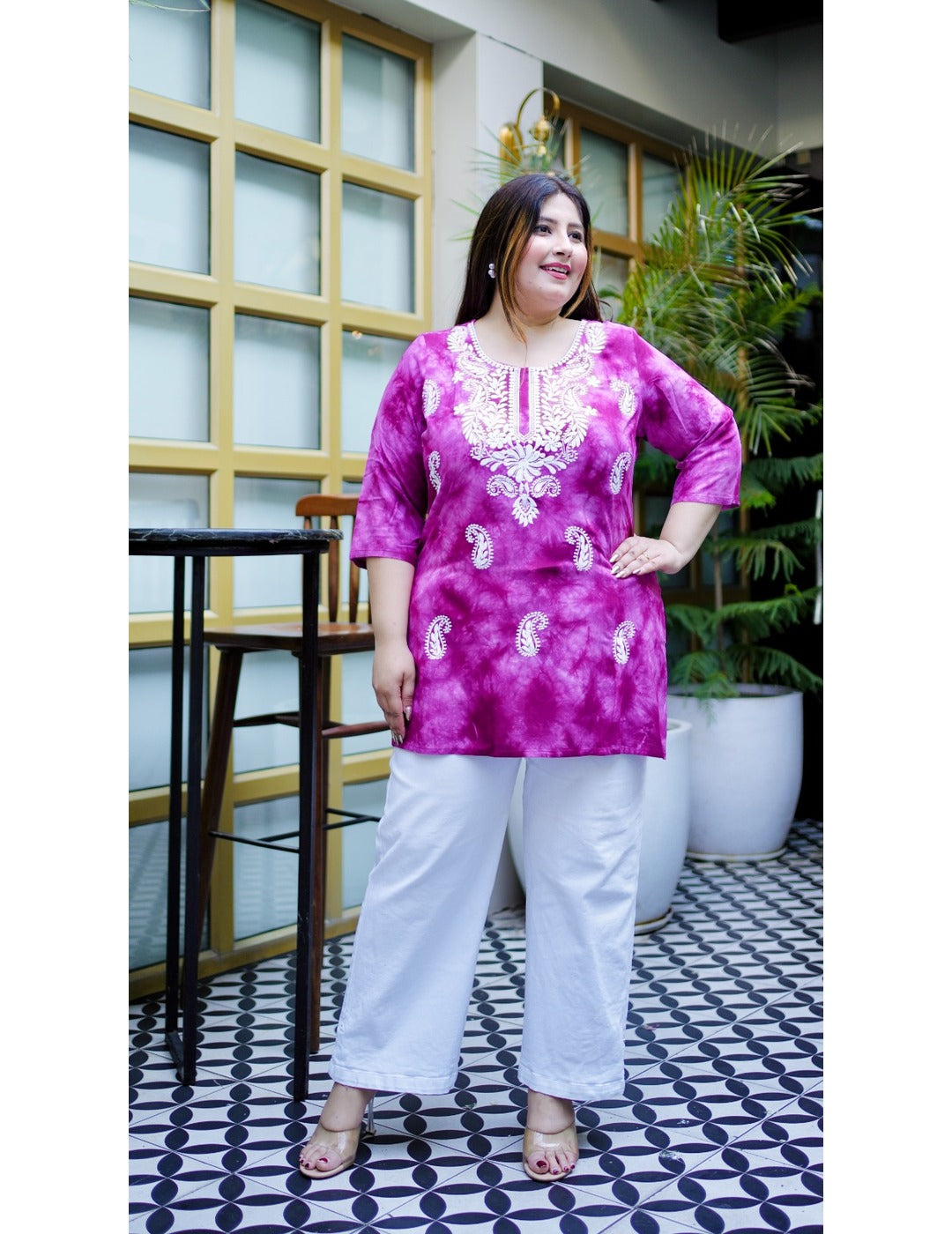 Pink Tie-Dye Chikankari Short Kurti