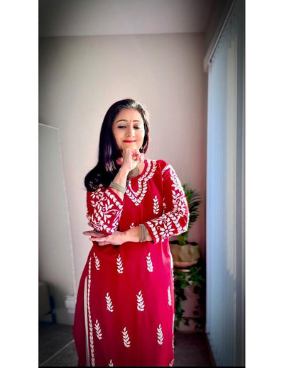 Red Chikankari Straight Kurta