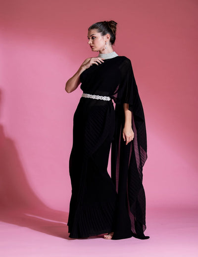 Pre-Draped Navy Blue Saree