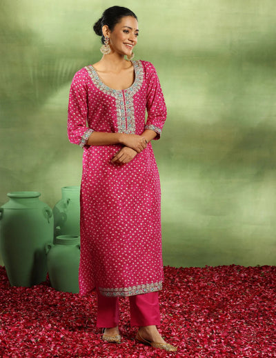 Pink Printed Silk Blend Straight Suit Set