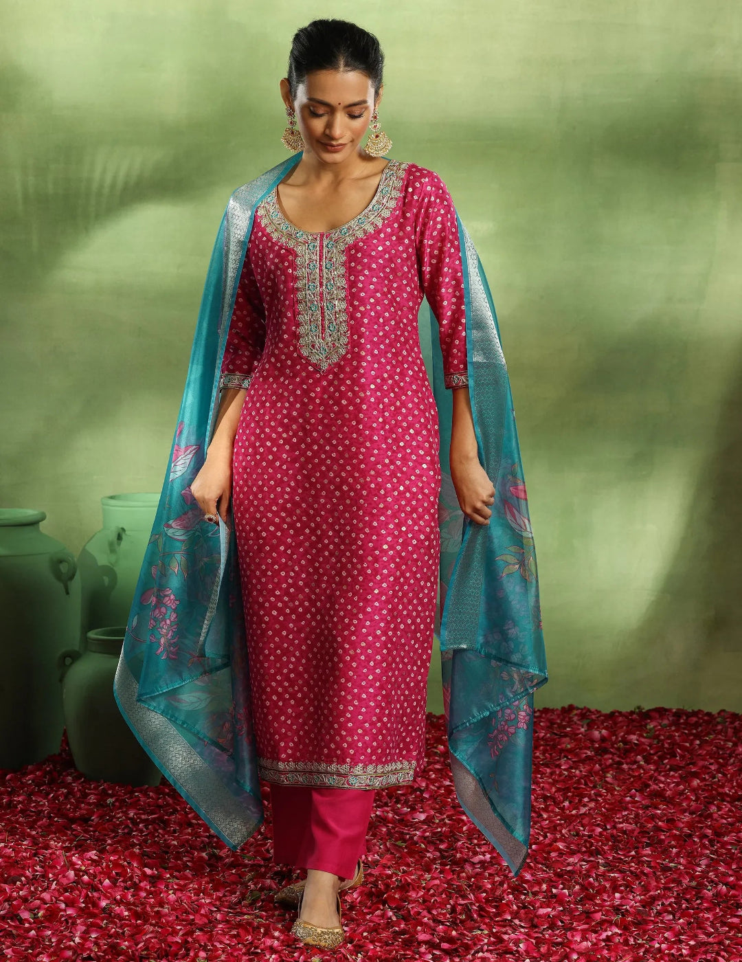 Pink Printed Silk Blend Straight Suit Set