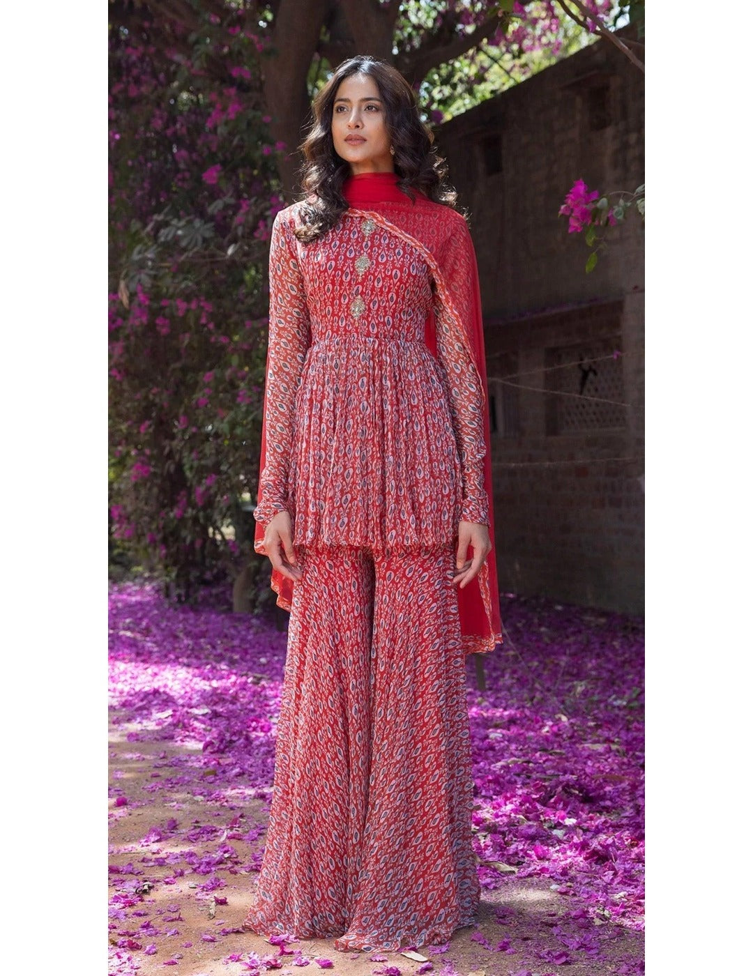 Red printed peplum sharara set