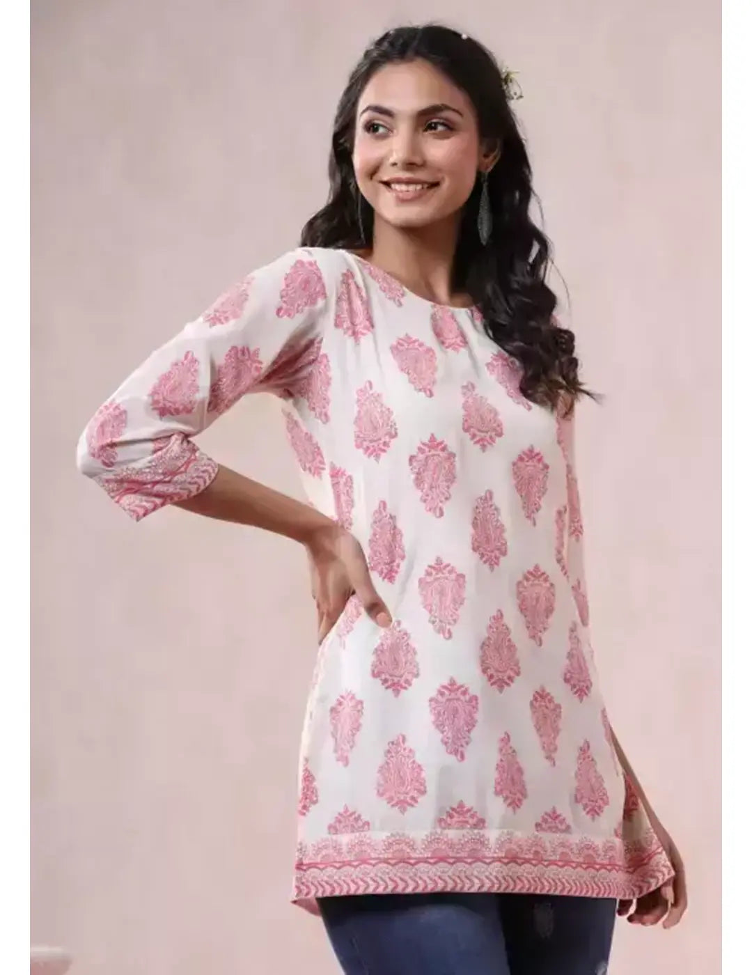 White & Pink Printed Short Kurti