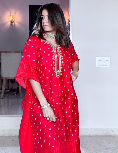 Red Art Silk Kaftan