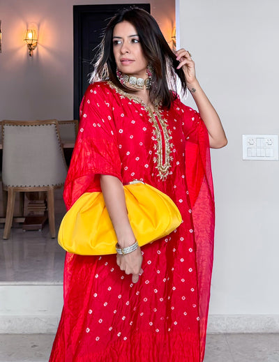 Red Art Silk Kaftan