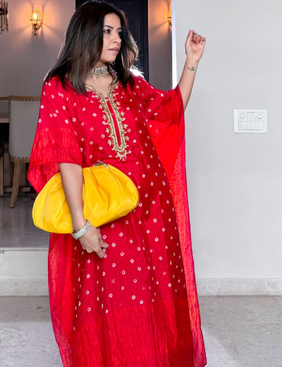 Red Art Silk Kaftan