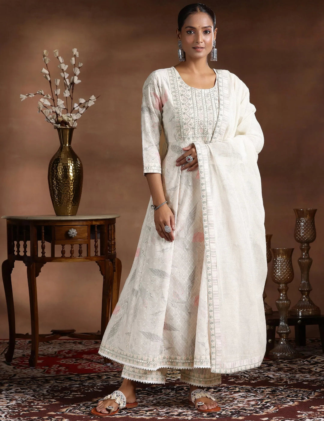 Off White Embroidered Cotton A-line Kurta Set