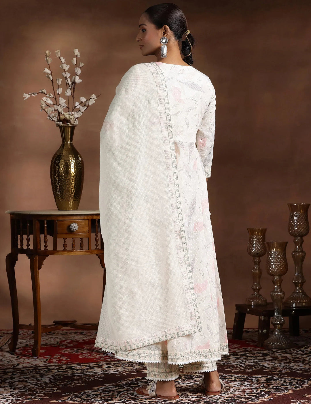 Off White Embroidered Cotton A-line Kurta Set