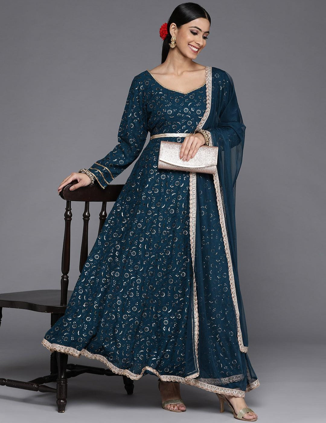 Navy Blue Embroidered Anarkali Set singapore