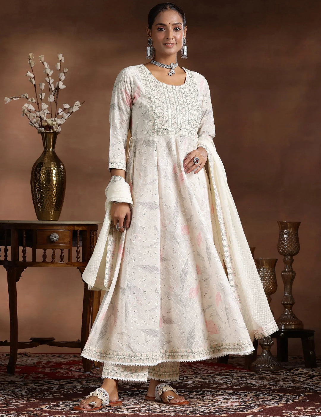 Off White Embroidered Cotton A-line Kurta Set